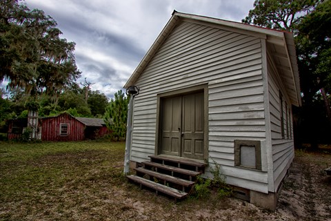 A small wooden church painted white.