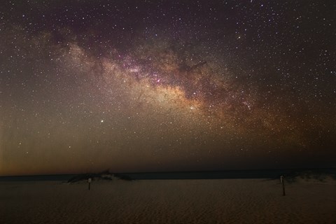 A night sky full of stars and the Milky Way shines over the beach.