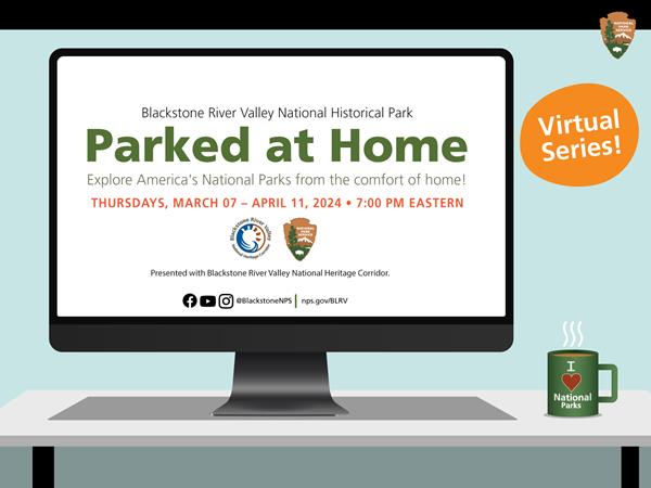 Graphic of a computer on a desk with Parked at Home text