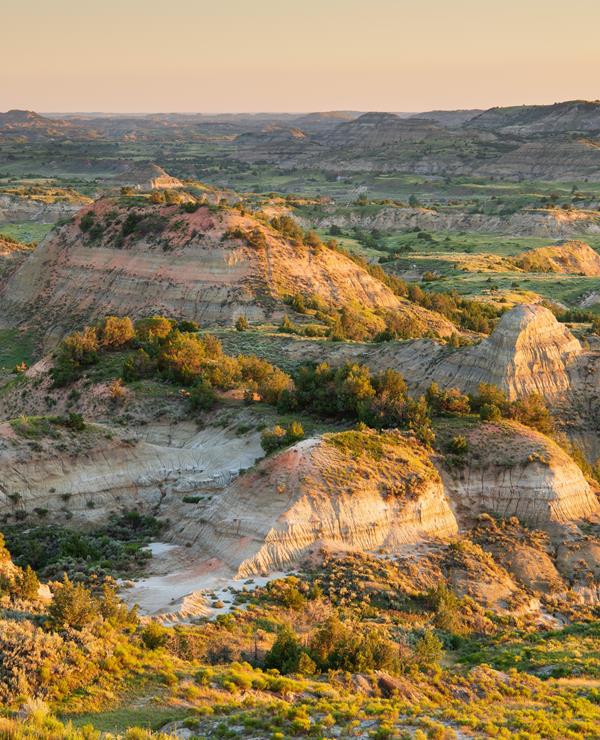 Sunshine highlights slopes on rolling badlands landscape.