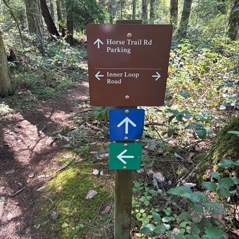 A trail sign showing different trail names
