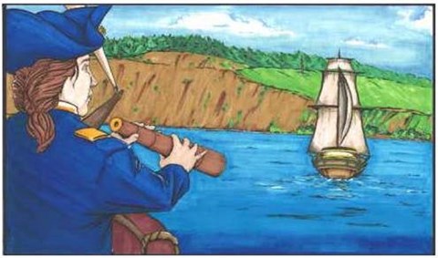 Man on board ship holding monocular and looking at another ship with land behind.