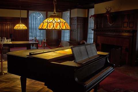 Grand piano with chandelier above