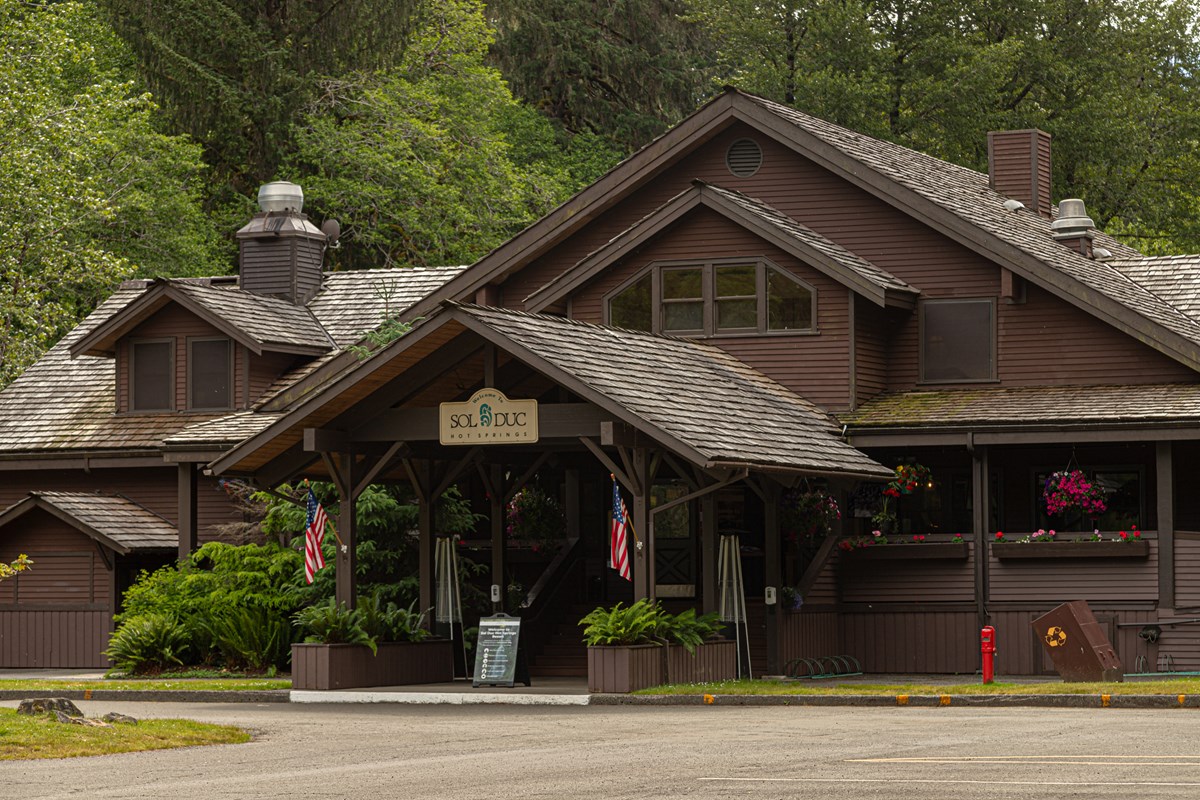 A wooden lodge building