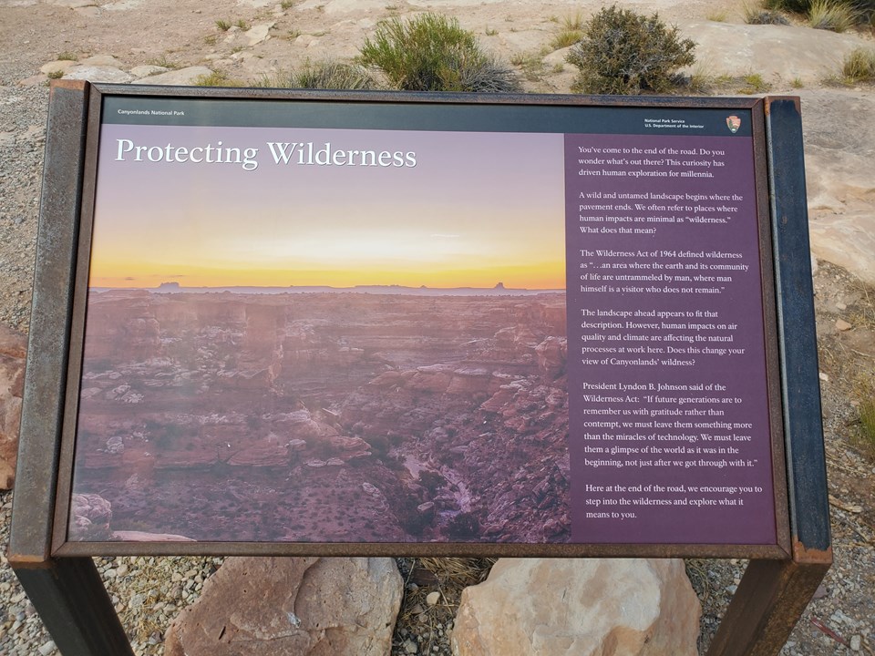 A slanted informational sign titled "Protecting Wilderness" displays text and an image of canyons.