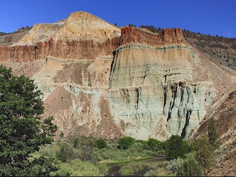 A blue-green geologic formation with green grass and a tree in the foreground.