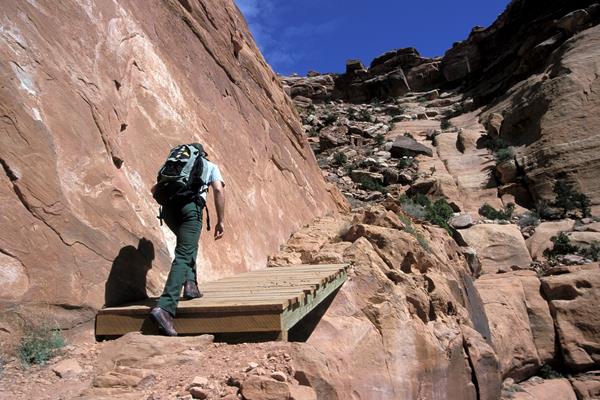 A hiker steps up onto a wooden bridge to ascend a steep canyon trail