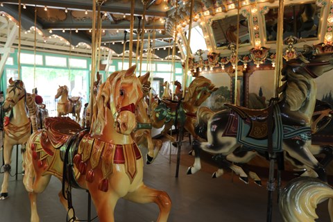 Colorful horses and lights on a carousel.