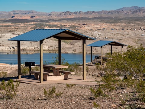 two picnic shelters