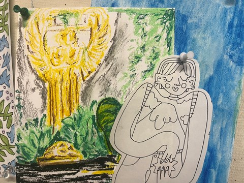 watercolor painting of gold statue and cartoon woman