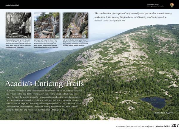 Image of an interpretive wayside entitled "Acadia's Enticing Trails"