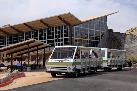A shuttle bus parked in front of a large building with glass walls.