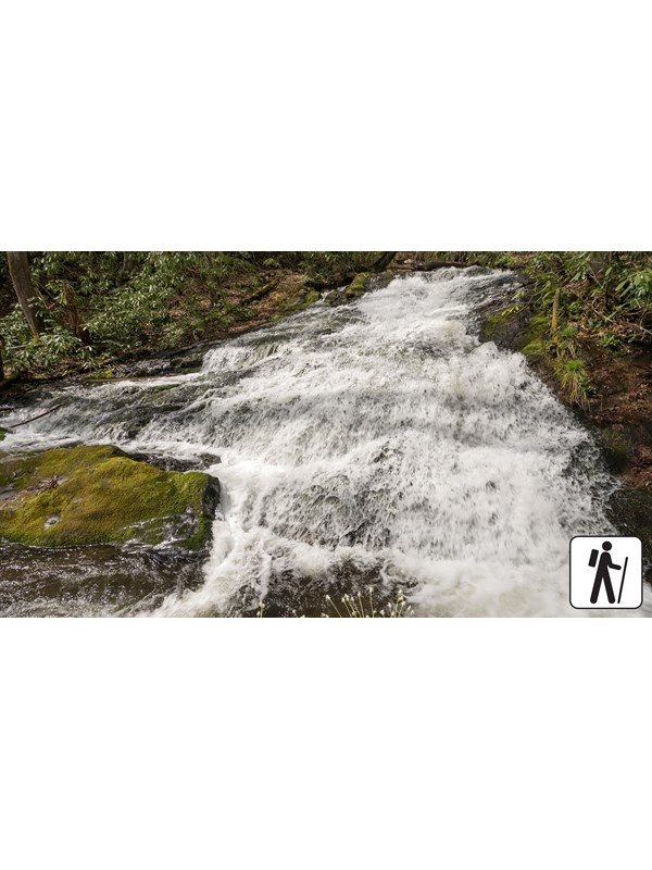 A cascading waterfall surrounded by greenery and rocks. A hiker icon in the corner.