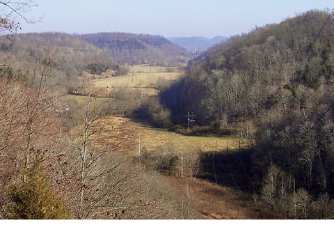 view of Knob Creek surrounded by trees and fields.