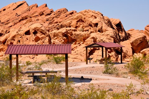 Picnic shelters in a red rock area