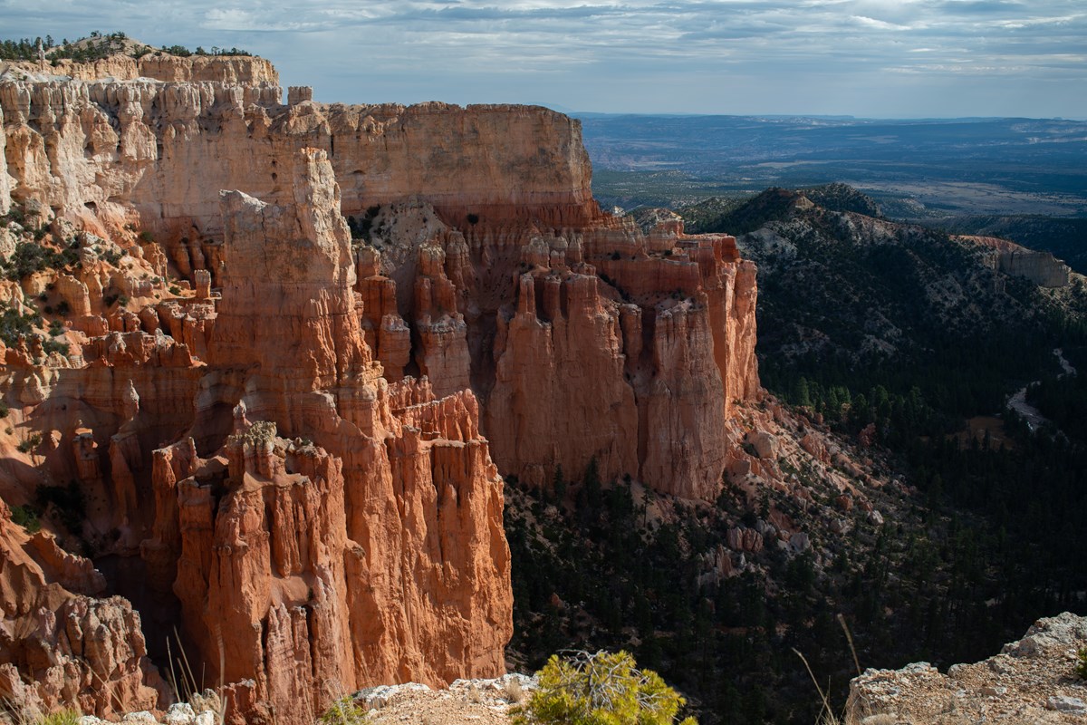 Vibrant red rock cliffs stand above forests and a broad river valley