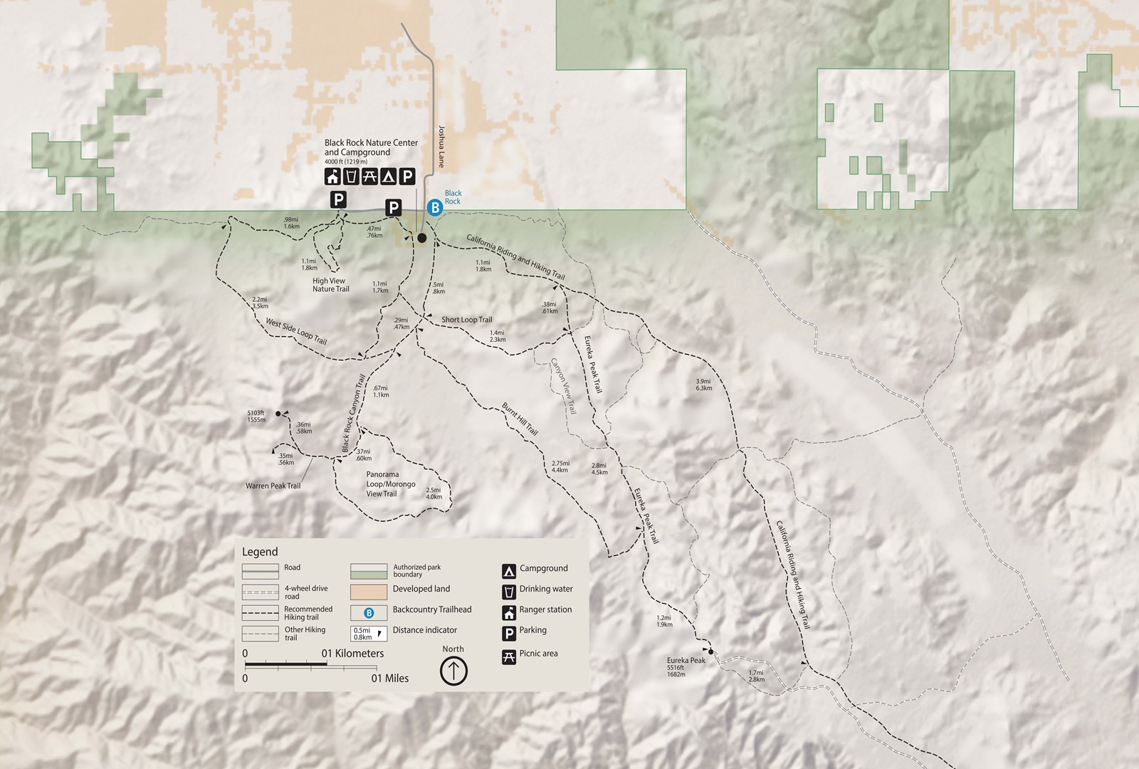 A map of the Black Rock area of the park with hiking trails and a legend.