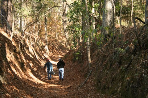 Two hikers walking away from viewer. Trail in gully with 20 foot embankments on each side.