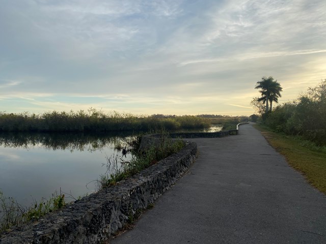 Paved trail beside still water with a palm tree silhouetted in the distance