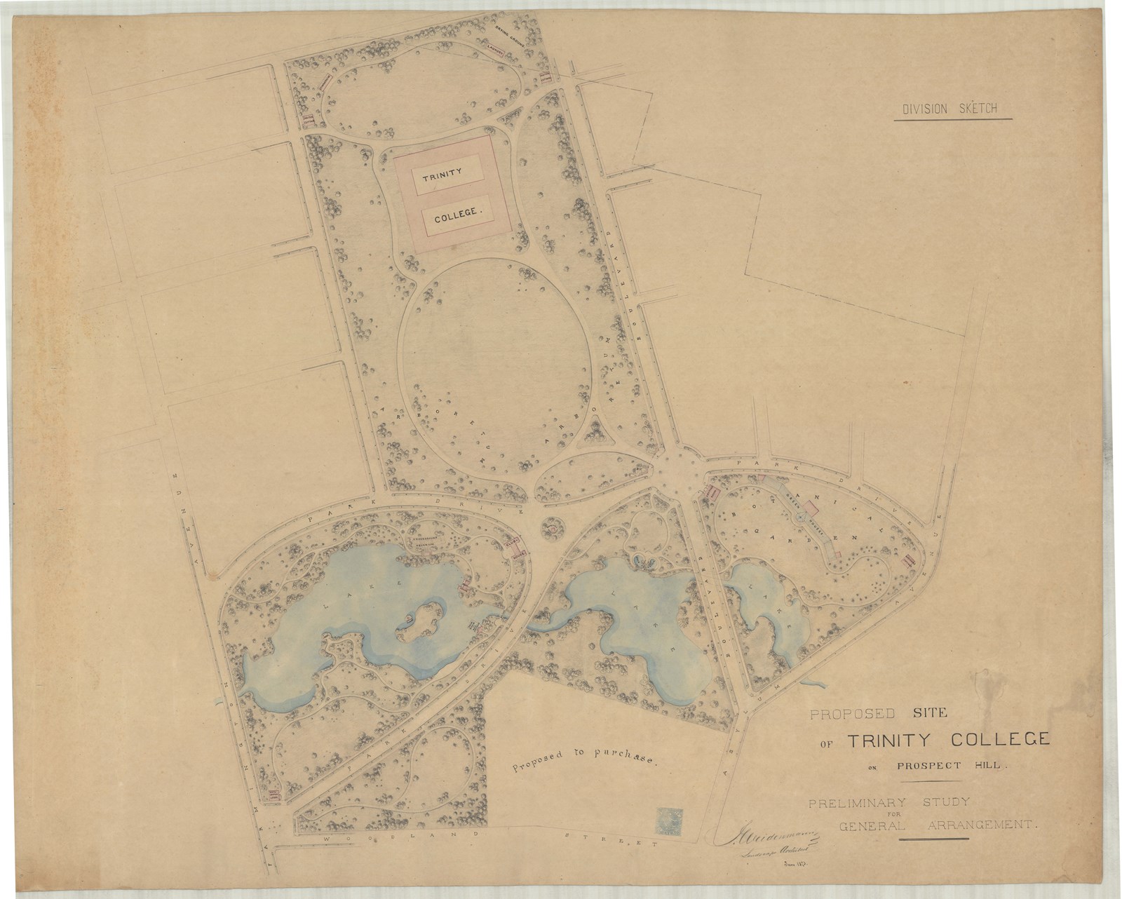 Pencil plan of college campus with large open rectangular green, water on circular area outside