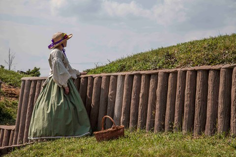 Historical reenactor visiting Fort Stephens.