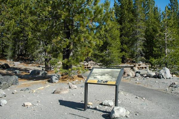 A photo of a wayside sign titled "Devastated Area Trail" in a rocky area with conifer trees. A walkw