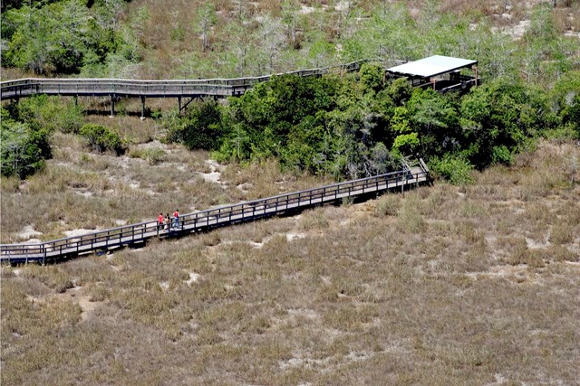 Aerial view of the wooden Pa-hay-okee boardwalk and shelter structure