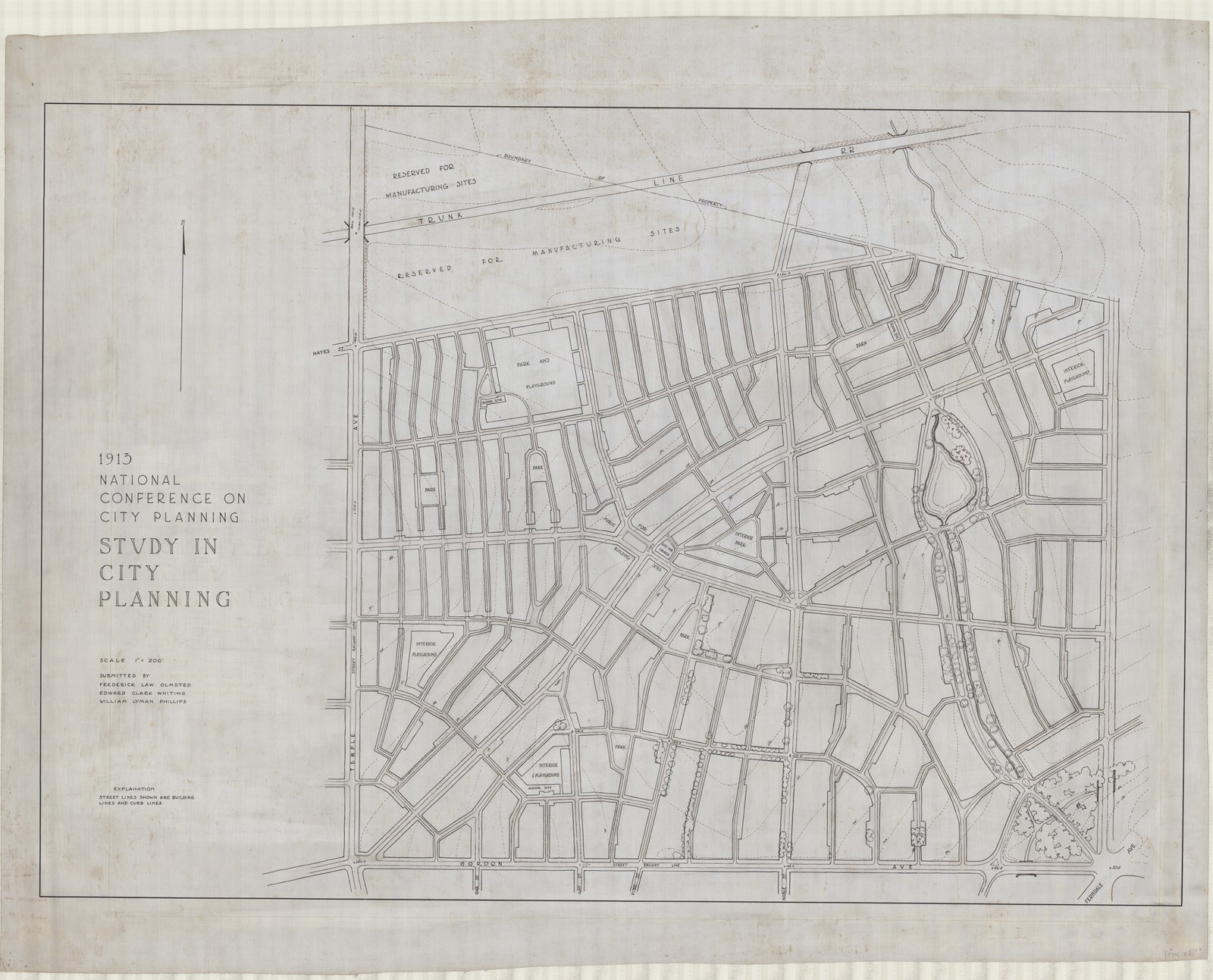 Pencil plan of city with straight lines and some sections of green space