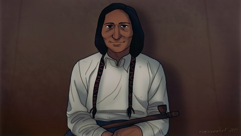 An American Indian with long black hair, wearing a white shirt, and holding a peace pipe.