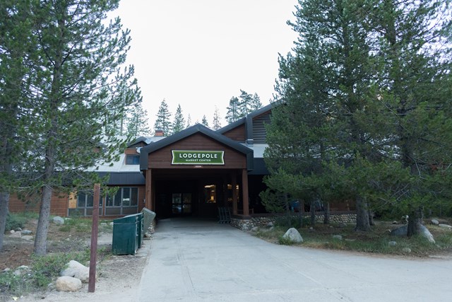 A cement path leads to a brown building with a green roof at Lodgepole