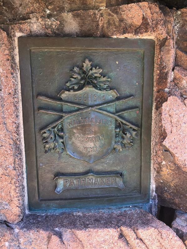 Bronze plaque on granite, inscription dedicated to Waldron Bates