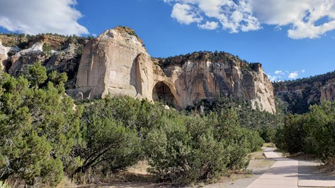A sidwalk leads to a sandstone cliff with a prominent arch feature within the sandstone.