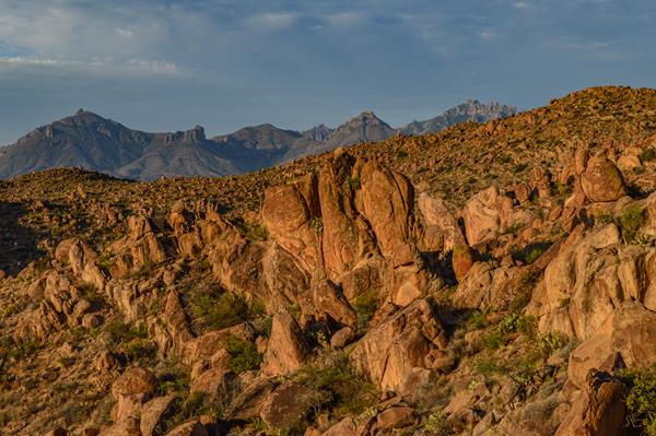 Hills composed of weathered, rounded rock stand in front of a higher line of mountain peaks.