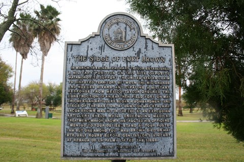 Metal historical marker for Fort Brown