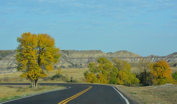 A road curves to the left, with yellowing trees on both sides. Large buttes are in the distance.