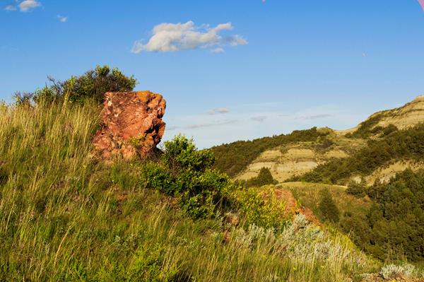 A large outcropping of red rock from a grassy hillside. Tree covered buttes are in the background.
