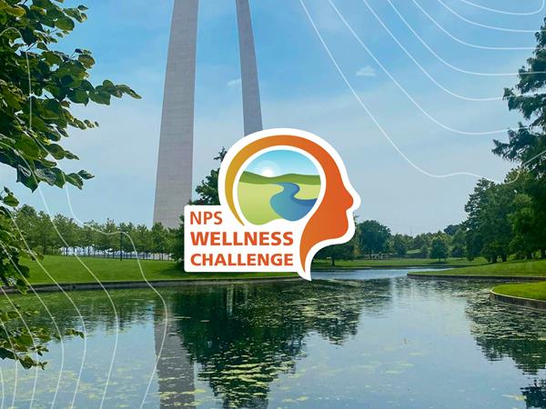 graphic of an orange head in profile with a sun and river inside on top of a real photo of the Arch