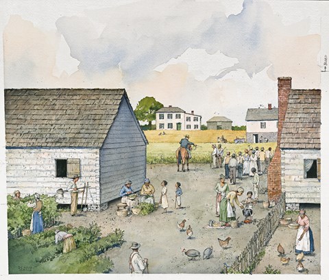 A group of enslaved black laborers tend to a garden and feed chickens in front of two white cabins.