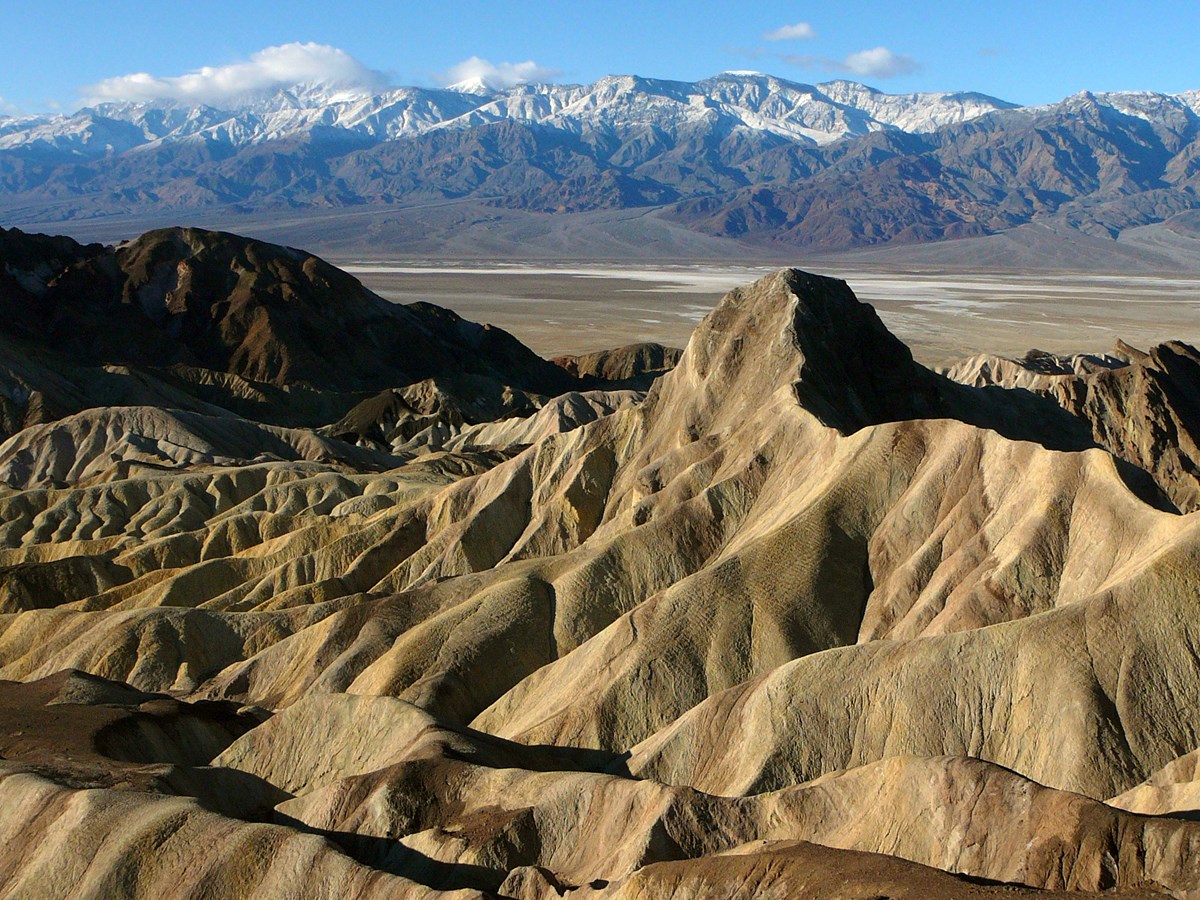 tan and brown badlands with snowcapped mountains behind