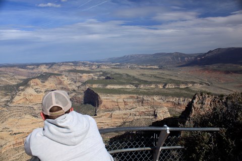 A person in a ball cap leans on a railing and looks towards large cliffs and mountains.