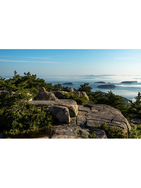 A clear view of the Porcupine Islands from the summit of Champlain Mountain just after sunrise.