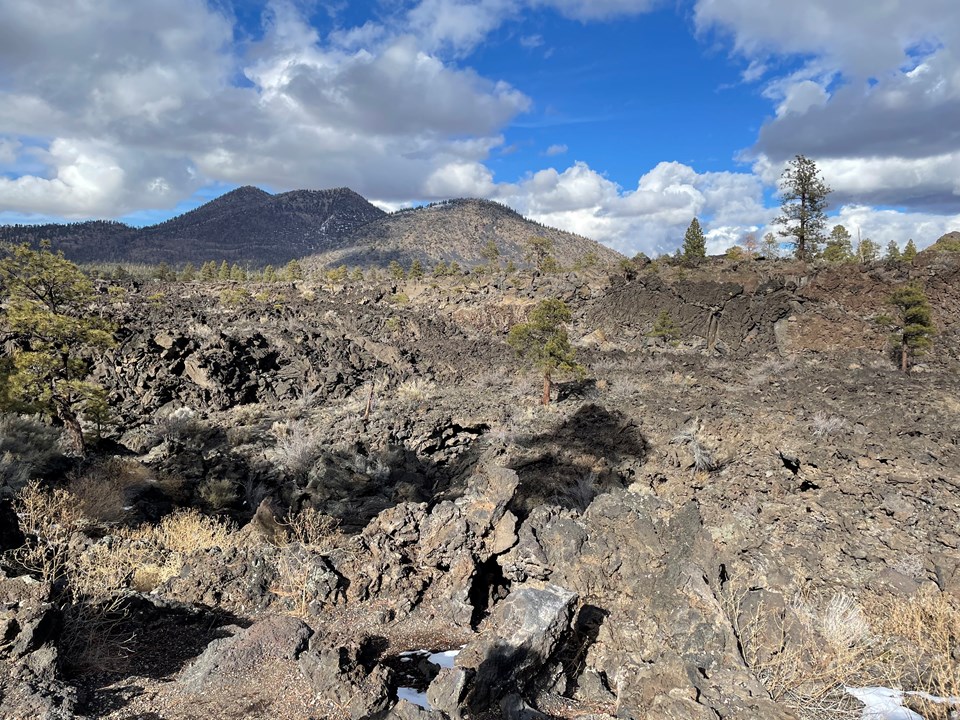 An extinct lava flow of jagged black basalt rocks with a mountain in the background.