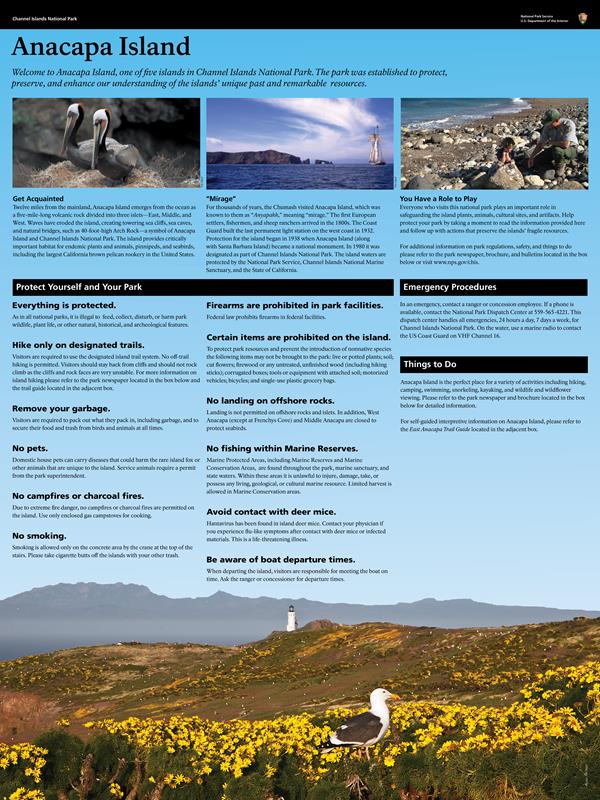 Welcome sign with text and pictures of Anacapa Island.
