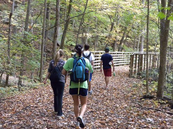 Hikers walking on an old road towards a wooden boardwalk