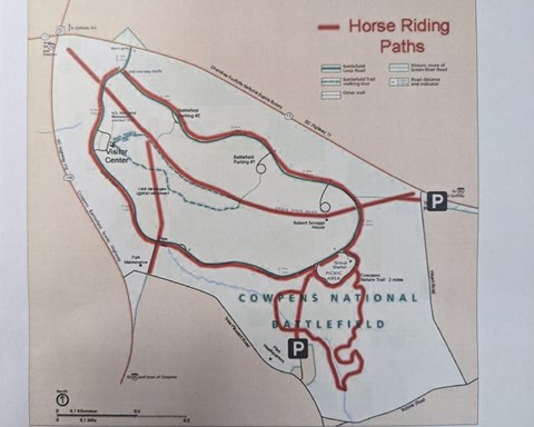 Map of Cowpens National Battlefield with Horse Paths highlighted.