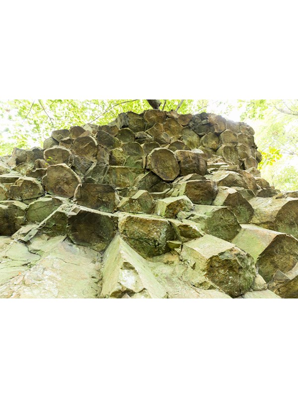 A cliff of rocks, shaped like pentagons, stands above