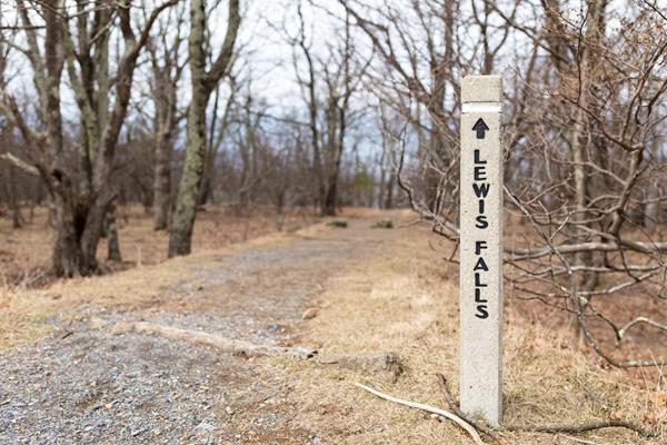 A concrete post at the head of a trail the reads Lewis Falls