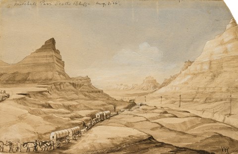 A sketch of a wagon train moving through a narrow, rugged pass.