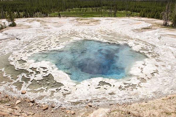A deep, blue hot spring surrounded by white sinter deposits.