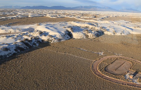 Aerial view of the Dune Life Nature Trail parking lot and trail entrance.